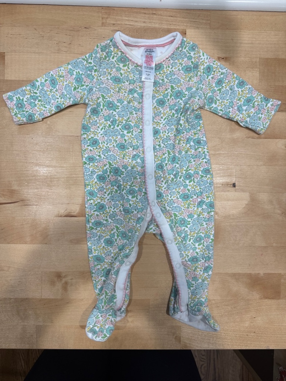 Baby Boden Floral Footed One-Piece Pajamas - Mint, Pink & Yellow Size 0-3